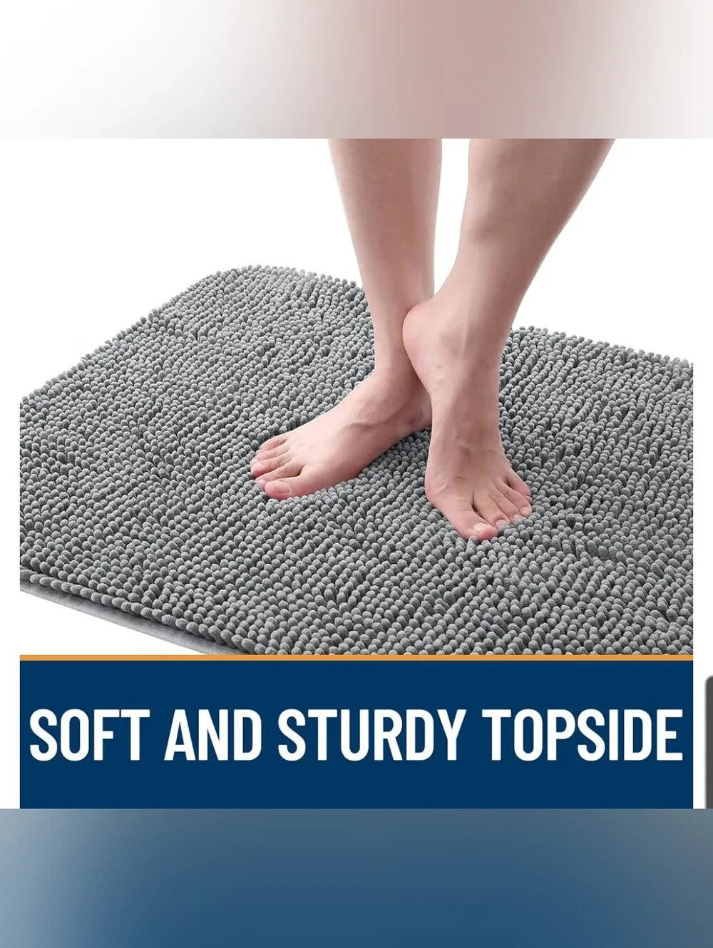 Plush Gray Chenille Bath Mat Traps Dirt – Soft Non-Slip Floor Rug 47x17